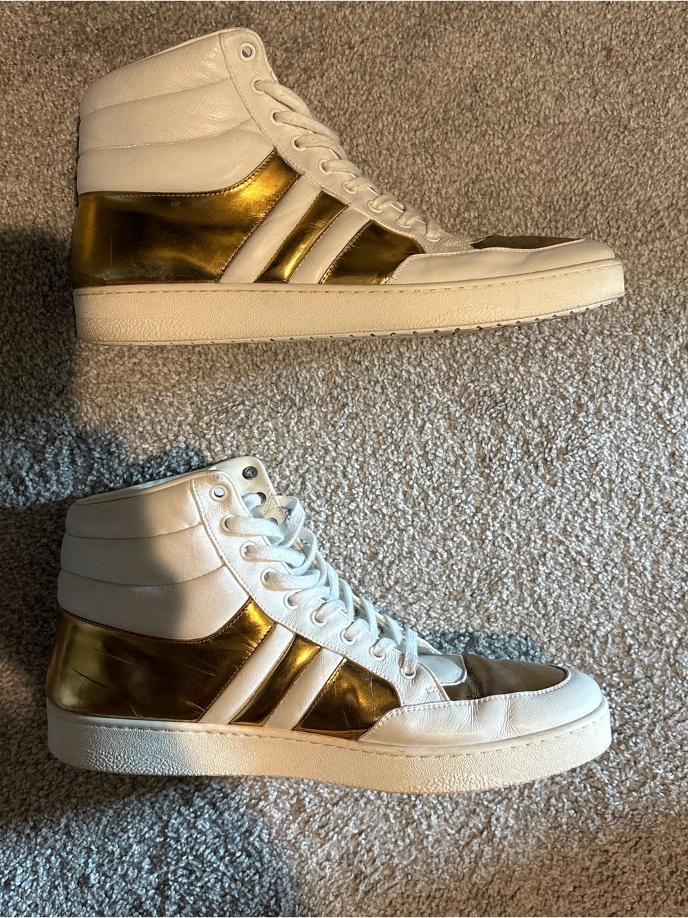 Gucci White Leather High-Top Sneakers with Metallic Gold Panels - Picture 9 of 9